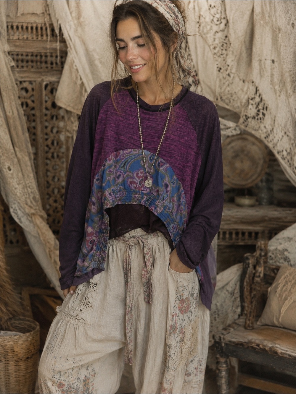 OOAK Upcycled Boho Purple hi/low Long-Sleeve Top